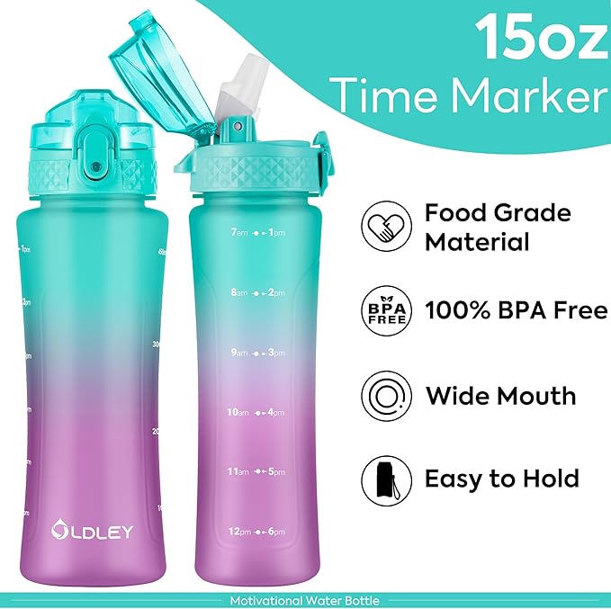 OLDLEY Kids Water Bottle for School with Straw Chug Lid, 15 oz Unbreakable Leak-Proof BPA-Free Motivational Water Bottles with Time Marker for Travel Sports Gym, 2 Lids, Mint Purple