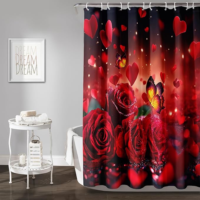 AILONEN 3D Rose Shower Curtain for Bathroom, Red Rose Hearts Print Bath Curtain,Romantic Rose Flower Shower Curtain Decoration Waterproof with 12 Plastic Hooks, 72" W*96" H