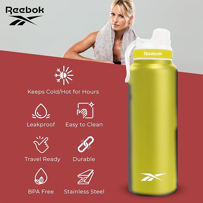 Reebok Athletic Stainless Steel Water Bottle - Insulated Water Bottle 32 oz With Chug Lid - Double Wall Vacuum Insulated Sports Water Bottle, BPA Free