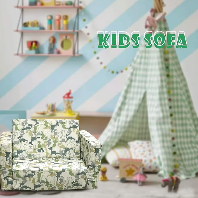 Kids Sofa, Children's 2 in 1 Convertible Sofa to Lounger - Extra Soft Flip Open Chair & Sleeper, Cute Dinosaur Print Toddler Chairs Kids Couch for Kids Girls Boys