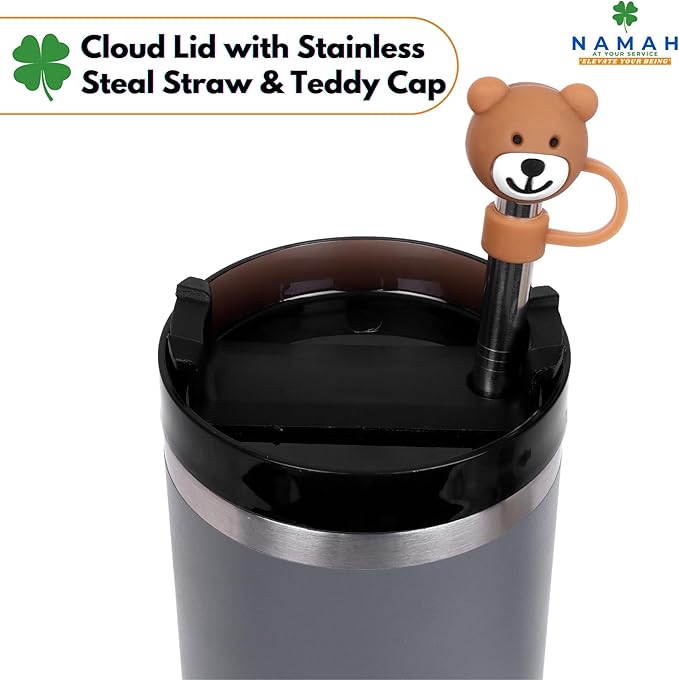 Tumbler with Handle & Extra Cloud LID – 30oz/900ml, Premium 304 Stainless Steel, Insulated Water Bottle, Leak-Proof, Steel Straw, Teddy Straw Cap, Cleaning Brush & Carabiner Hook (Stormy Slate Gray)