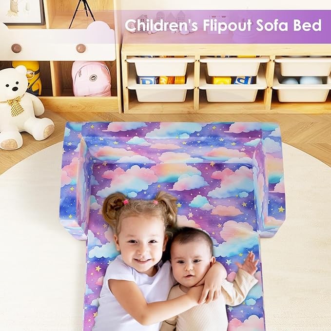 Foldable Kids Sofa Couch 2 in 1 Children Convertible Sofa to Lounger Flip Open Toddlers Sofa Bed,Extra Wide Soft Lightweight for Bedroom Livingroom Playroom