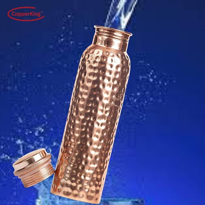 CopperKing Hammered Infused Ayurvedic Pure Copper Water Bottle for Drinking 34oz - 1 Liter | Best Use for Gym, Office, School - Collage, Yoga, Sports Mens and Women