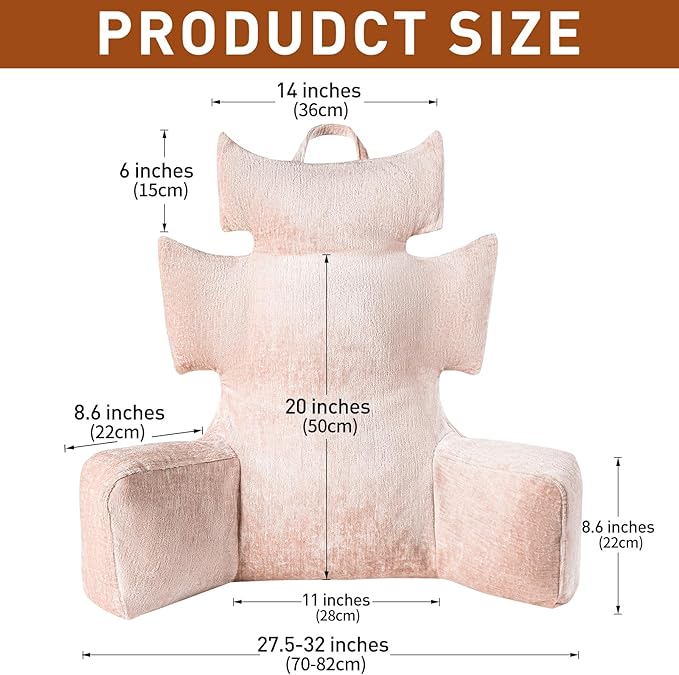 Reading Pillow with Shredded Memory Foam, Large Adult Backrest with Arms, Back Support for Sitting Up in Bed with Washable Cover (Sit up Pillow)