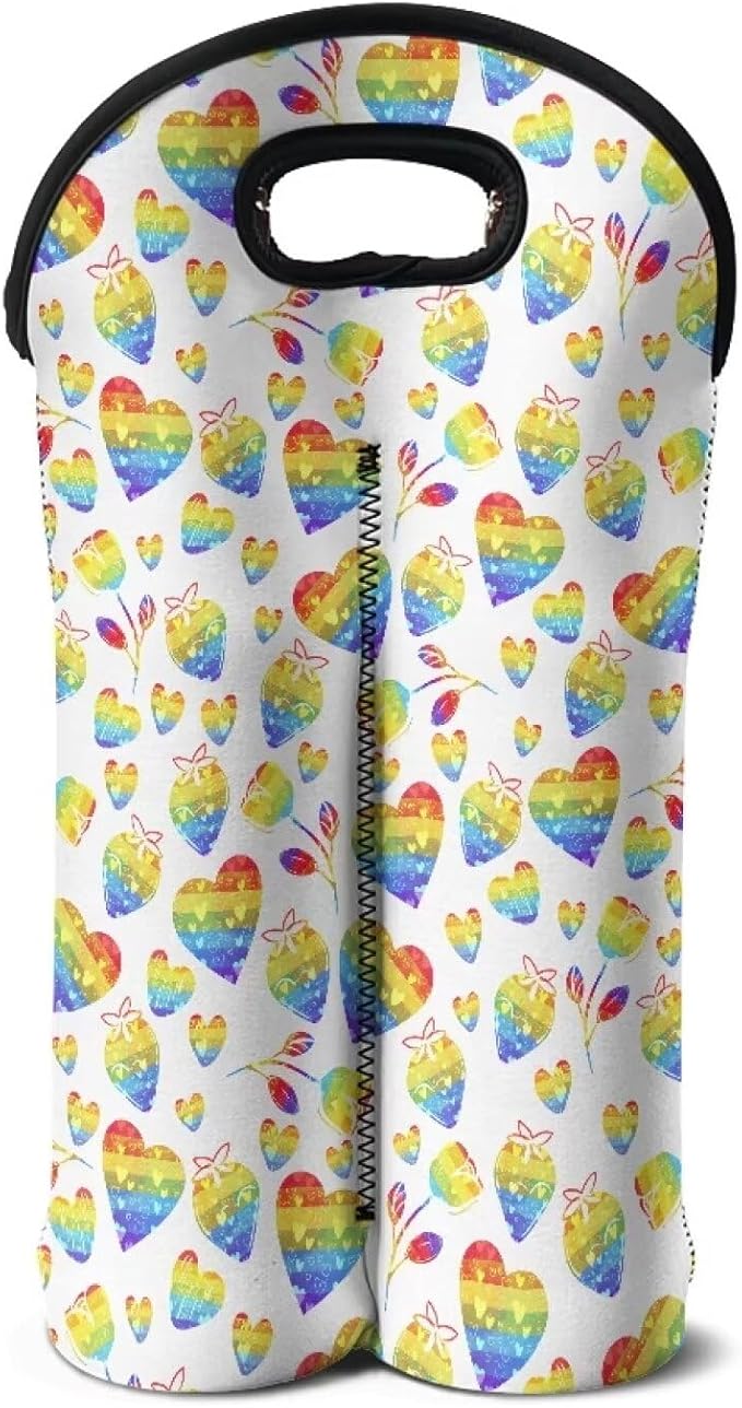 doginthehole 2 Bottle Wine Carrier Gift Bag Colorful Heart Print Neoprene Wine Tote Portable Champagne/Water Bottle/Beer/Drinks Carrying Bag for Travel, Picnic, Party