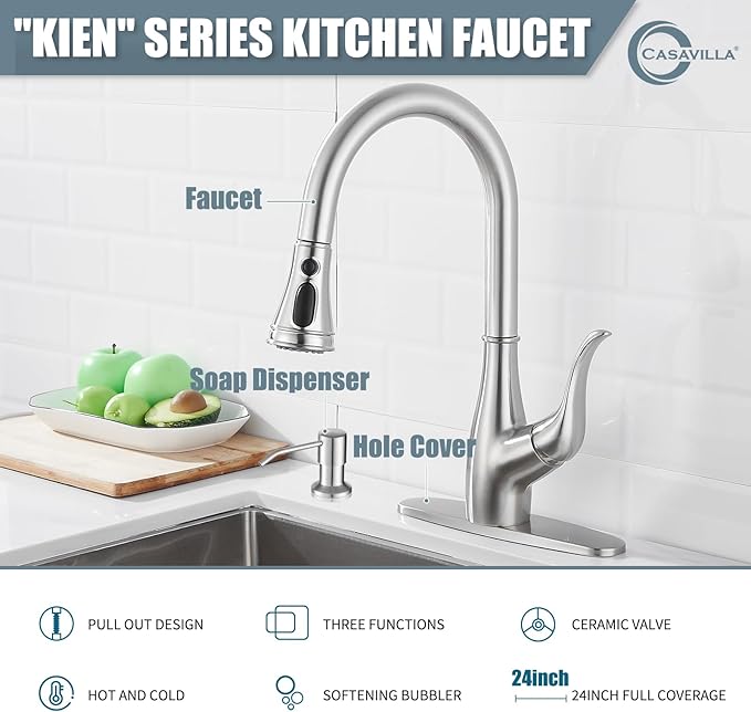 Kitchen Faucet with Soap Dispenser, Faucet for Kitchen Sink, Single Handle Stainless Steel Kitchen Sink Faucets with Pull Down Sprayer and Deck Plate, RV Sink Faucet, Nickel Brushed