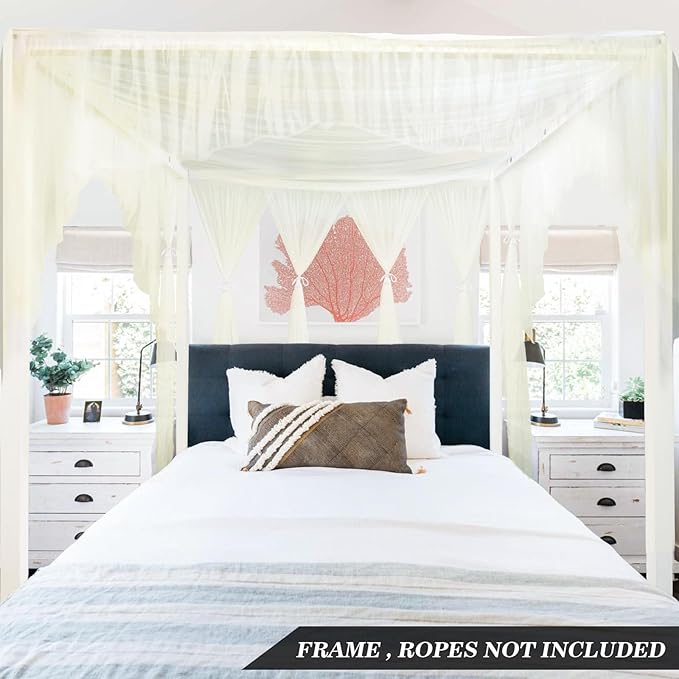 South to East Beige Canopy Bed Curtains, 4 Corner Post Bed Canopy, Top Elegant Bed Drapes for Bedroom Decor, 75D Polyester Mesh, Easy Install, Bed Curtain for King/Queen/Full Size