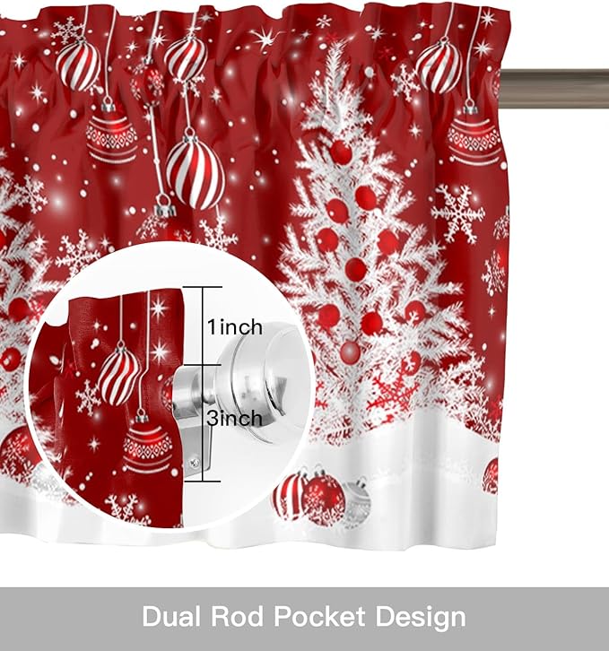 Red Christmas Valance Curtains for Kitchen Windows White Xmas Tree Snowflakes Red Balls Rod Pocket Window Treatment Toppers for Kitchen/Living Room/Bedroom/Bathroom, 42" X 12", Winter