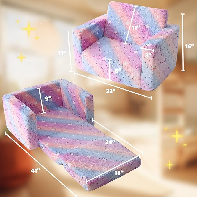 Kids Sofa, Glow in The Dark Toddler Chairs Children's 2 in 1 Convertible Sofa to Lounger - Extra Soft Flip Open Chair & Sleeper, Toddler Couch Chair, Sofa Bed for Boys Girls