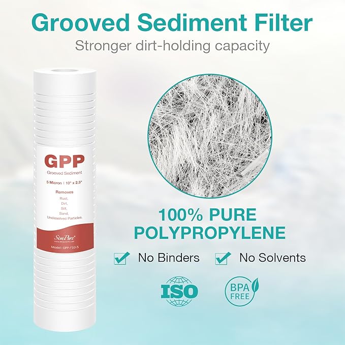 SimPure Grooved Sediment Water Filter Cartridge, 5 Micron Whole House Water Filter Universal Replacement 10"x2.5" for 10 inch RO Unit, Whole House Under-Sink Filtration System (4 Pack)