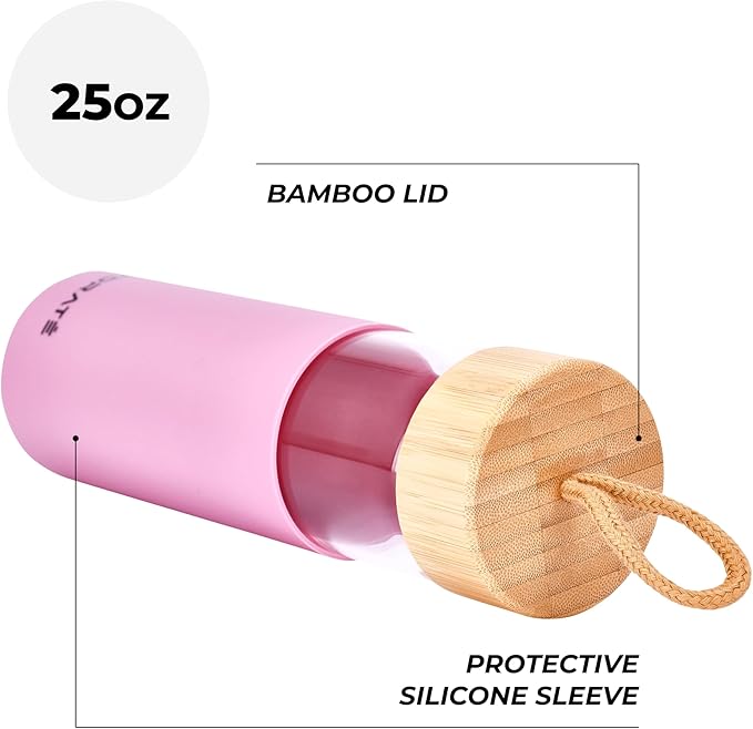 HYDRATE Glass Water Bottles 25 oz - Gym Drinking Bottles with Slip Resistant Silicone Sleeve and Leak Proof Bamboo Lid - Clear Sports Bottle Made of Borosilicate Glass - 10 x 3 inches - Pink
