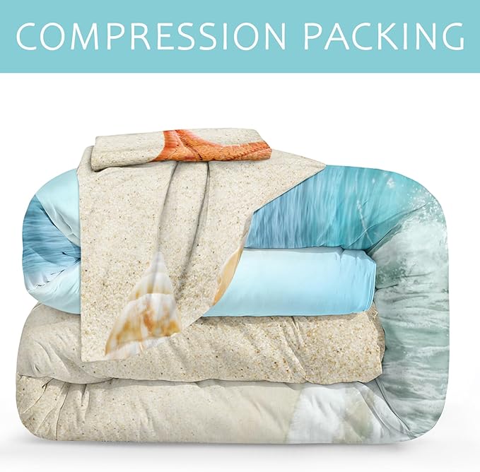 Bedbay Beach Bedding California King Coastal Comforter Set Boys Girls Beach Theme Room Decor Starfish Seashore Beach Quilt Set 4 Pcs Beachy Duvet Insert Down Comforter for All Seasons(104" Wx96 L)