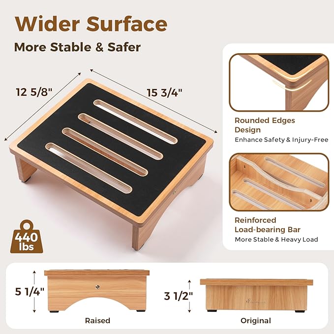 StrongTek 5" High Wooden Bed Step Stool for Adults, Sturdy Bedside & Shower Steps, 440lb Capacity, Versatile Mobility Aid for Seniors, Kitchen Use, Surgery Recovery, Anti-Slip, Portable Design