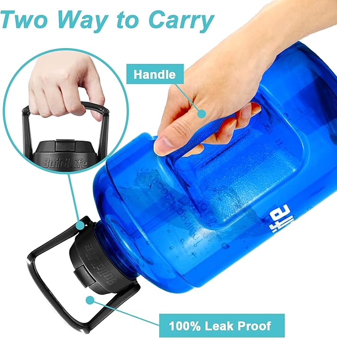 QuiFit 1 Gallon Water Bottle - with Straw & Motivational Time Marker Leak-Proof BPA Free Reusable Gym Sports Outdoor Large(128OZ) Capacity Water Jug(Blue,1 Gallon)