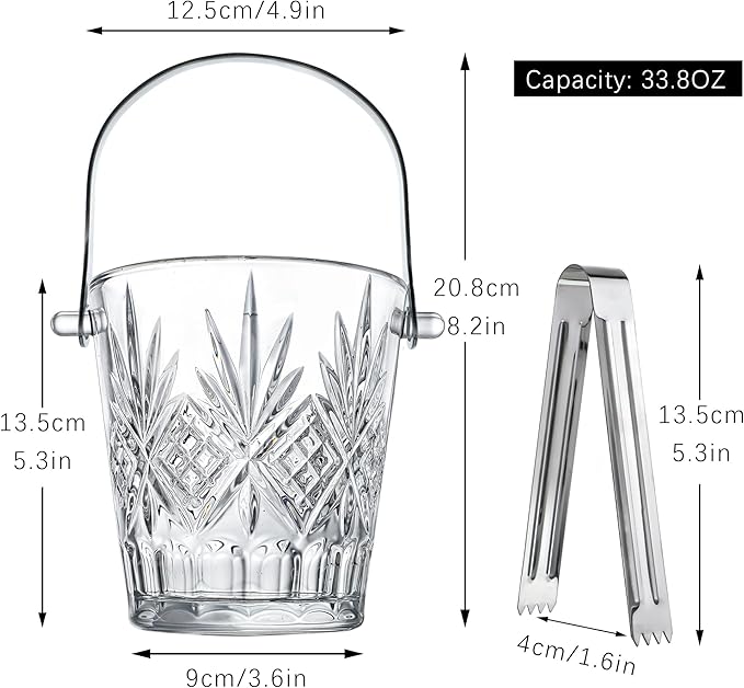 Clear Glass Ice Bucket with Ice Tong and Handle Crystal Ice Cube Busket Cocktail Bar Champagne Bucket for Parties Wine Accessory