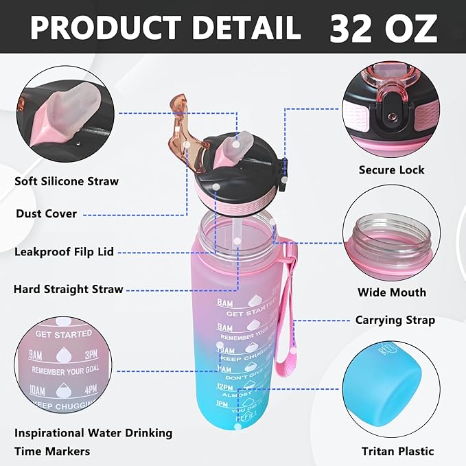 Floral Cat Water Bottle with Straw, Carry Strap, LeakProof, Tritan BPA Free, 32 Oz Motivational Water Bottle with Time Marker to Ensure You Drink Enough Water for Gym Fitness Outdoor