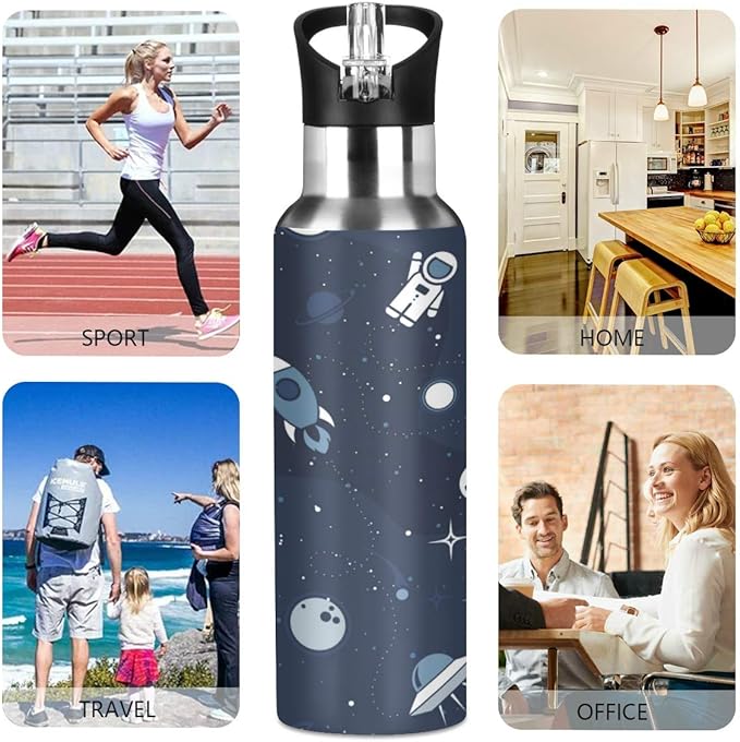 Blueangle 22 OZ Cartoon Astronaut Water Bottle with Straw - BPA Free Leakproof Stainless Steel Water Bottle for Women Men Water Jug for Fitness Gym Outdoor Sport