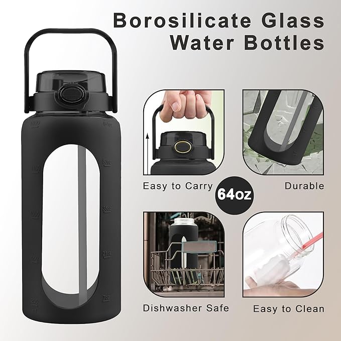 64 Oz Glass Water Bottle with Straw and Lid, Sports Motivational Water Bottle, Leakproof Water Jug Fitness with Silicone Sleeve for Gym, Black