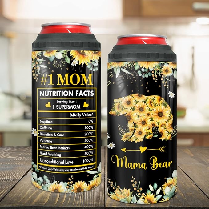winorax Mom Gifts Mama Bear Tumbler 4-in-1 Can Cooler Mom Nutrition Facts Tumblers Sunflower Style Stainless Steel 16oz Travel Cup Mother's Day Christmas Birthday Gifts from Daughter Son