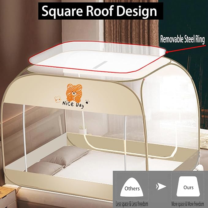 CMINGJ Mosquito Net for Bed, Portable pop up Mosquito Netting with Bottom, Free Installation-Suitable for Bedroom, Camping, Folding Portable Design for Baby Adults (Orange Bear)