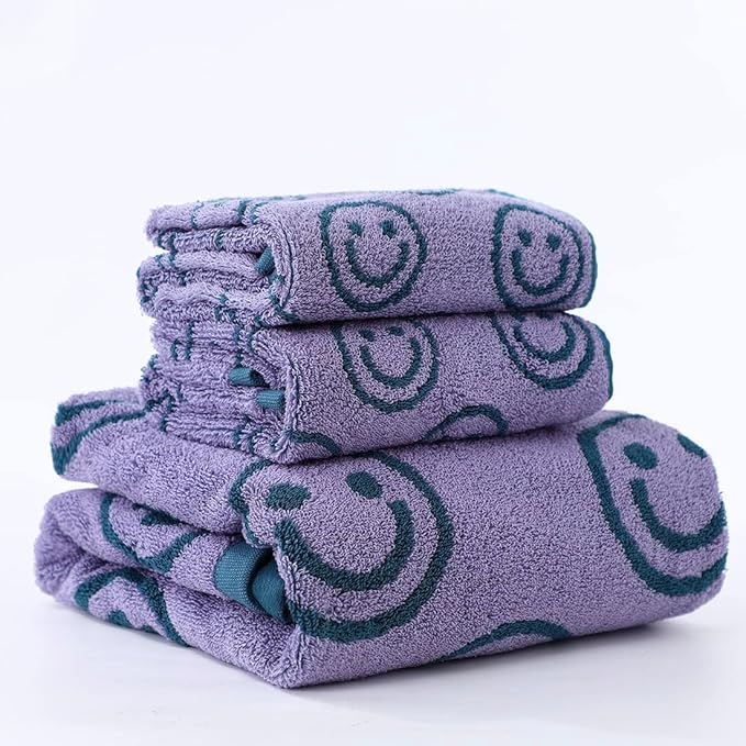 Luxury Cute Smiling Face Purple Green Bath Towel Sets for Bathroom, 1 Bath Towels 2 Hand Towels Washcloths 100% Cotton Ultra Soft Highly Absorbent for Women Kids Girl Boy Face Body