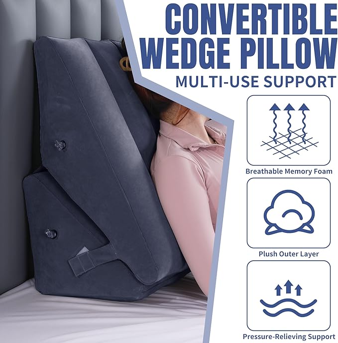 HOMBYS Adjustable Inflatable Bed Wedge Pillow for Sleeping, 7 in 1 Multi Use Back Pillow for Bed Sitting Up, 10 inch Elevated Support Pillow for Legs & Back, Portable for Travel-30"x22"x10", Blue