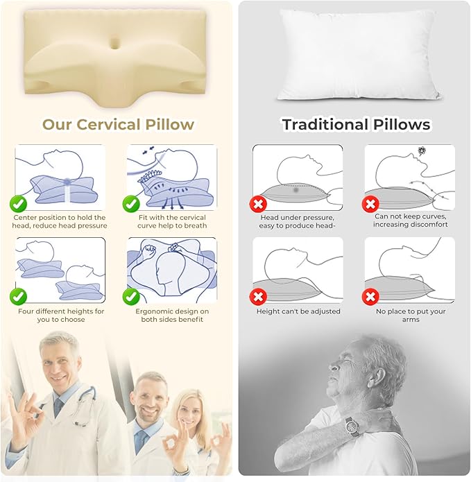 Cervical Pillow for Neck Pain Relief, Cooling Contour Memory Foam Pillows Support Odorless Ergonomic Neck Pillow Adjustable Orthopedic Bed Pillow for Side Back Stomach Sleeper with Pillowcase