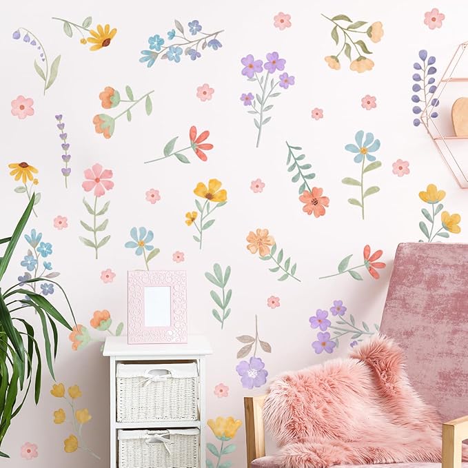 Boho Flower Wall Decals，Watercolor Flower Wall Art，Wildflower Wall Decals，Girls Bedroom Removable Wall Decals，Nursery Kids Room Decor Vinyl Murals DIY Cute Decorations (Wildflower Wall Stickers)