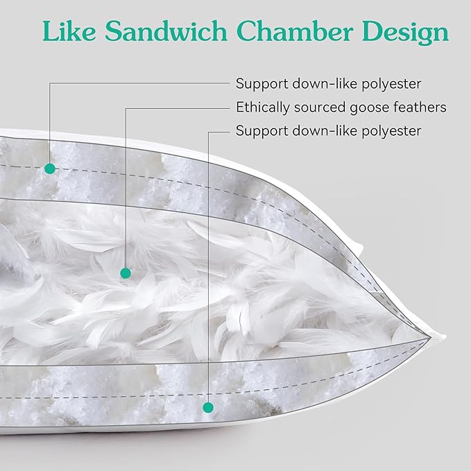 Three Geese White Goose Feather Bed Pillows Queen Size Set of 2- Soft 600 Thread Count 100% Cotton, Medium Firm,Soft Support Surround Fill Polyester (Queen Size:Pack of 2)