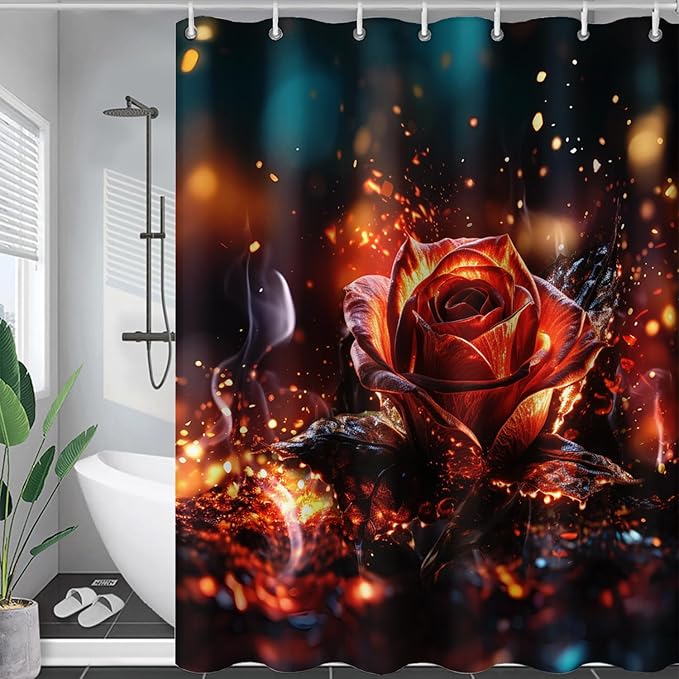 AILONEN 3D Rose Shower Curtain for Bathroom, Romantic Flame Smoky Rose Flower Bath Curtain,Burning Rose Shower Curtain Decoration Waterproof with 12 Plastic Hooks, 36" W*72" H