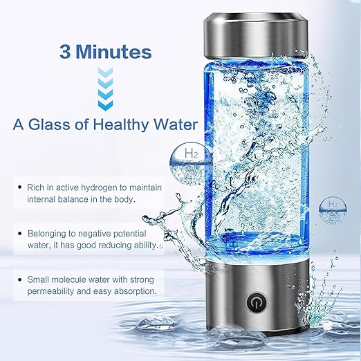 Hydrogen Water Bottle, Hydrogen Water, Portable Hydrogen Water Machine, Hydrogen Water Bottle Generator, Hydrogen Water Ionizer Glass Health Cup (Silver)