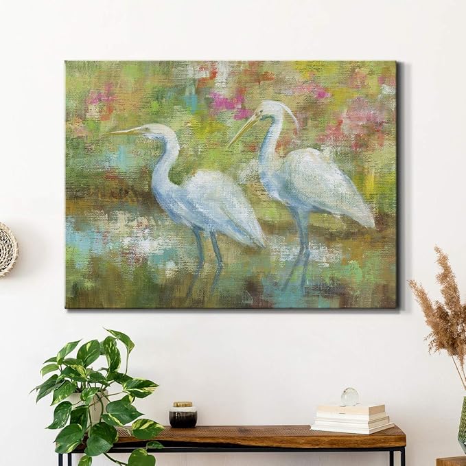 Renditions Gallery Canvas Nature Wall Art Modern Paintings Decorations Elegant White Egrets Abstract Multicolored Bontanical Wall Hanging Artwork for Bedroom Office Kitchen - 24"x36" LT33