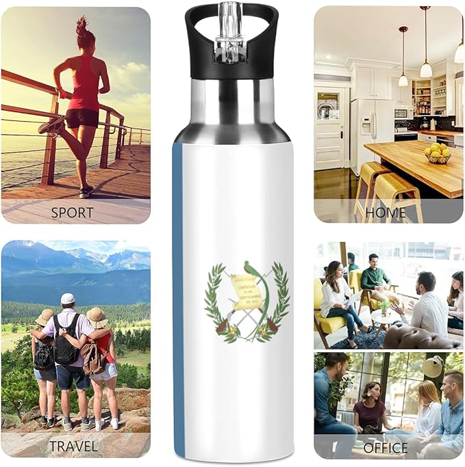 Guatemala Flag Sports Water Bottle, Double Wall Vacuum Insulated Stainless Steel Water Bottle with Straw Keeps Hot and Cold, Bike Running Sports Travel Gym 20oz