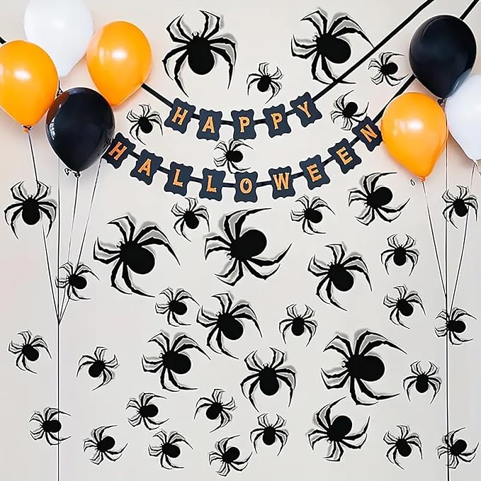 Halloween Wall Stickers 24Pcs Spider Wall Decor 3D Self Adhesive Halloween Wall Decals Horror Black Spiders Wall Decorations Reusable Window Stickers for Halloween Party Home Room Art DIY Accessories