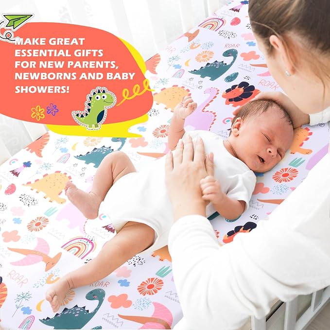 JISEN Baby Crib Sheet 1 Piece Portable Fitted Crib Sheet for Standard Crib and Toddler Mattresses Nursery Bed Decor for Boys Girls 28x52 Inch Multicolor Dinosaurs