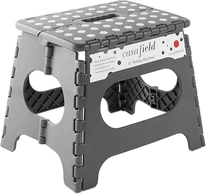 Casafield 11" Folding Step Stool with Handle, Gray - Portable Collapsible Small Plastic Foot Stool for Kids and Adults - Use in The Kitchen, Bathroom and Bedroom