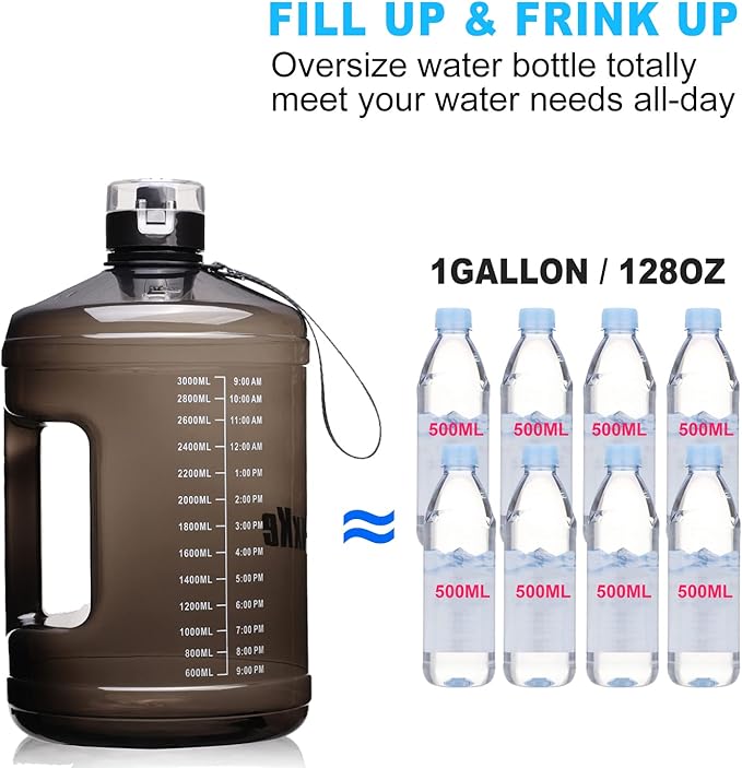 Gallon Big Water Bottle with Handle, 128oz Leakproof BPA Free Fitness Sports Water Bottle with Motivational Time Marker & Wide Mouth Ensure You Drink More Water