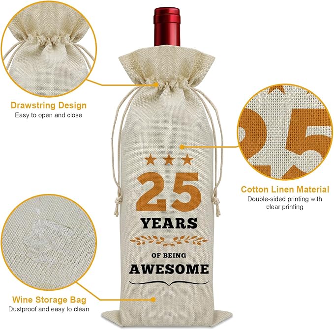 Sazuwu 25th Birthday Gifts for Women Wine Bag 25 Year Old Birthday Decorations for Her 1999 Birthday Gifts Wine Bottle Decoration Bag 25 Year Anniversary Birthday Gifts for Men Turning 25