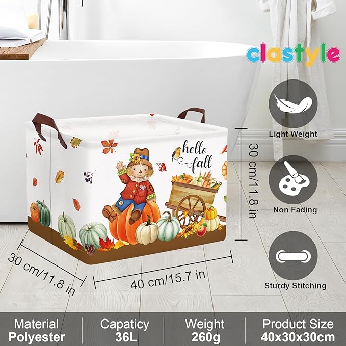 Clastyle Rectangular Scarecrow Cart Fall Basket Farm Harvest Turkey Thanksgiving Storage Bin Maple Leaf Pumpkin Large Gift Basket Autumn Clothes Toy Book Shelf Basket