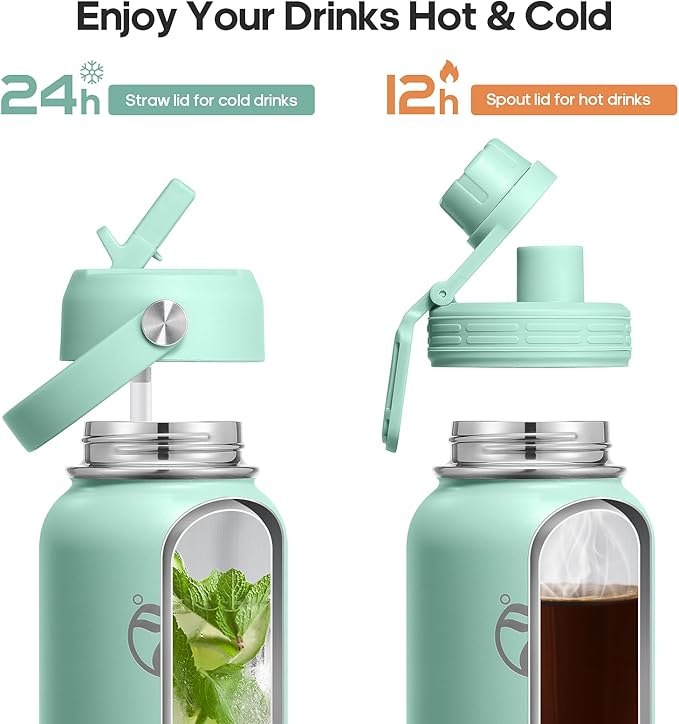 Insulated Water Bottles 32 oz with 2 Leak Proof Lids & Water Bottle Holder, Wide Mouth Sport Water Bottle with Straw, Reusable Stainless Steel Water Flask, Double Walled Vacuum Thermos