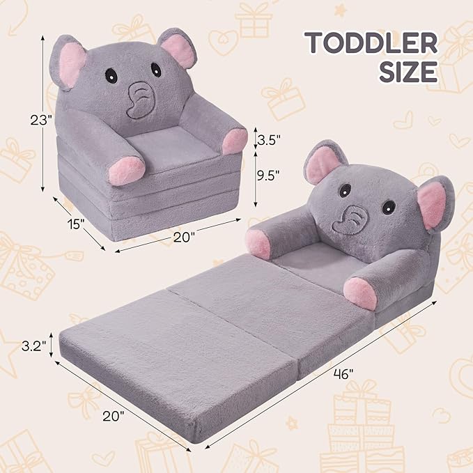 Kids Sofa Chair for Toddler, 2-in-1 Folding Soft Baby Couch with Removable Cover, Comfy Plush Children's Recliner, Convertible Floor Sofa Bed to Lounger for Girls Boys Age 1-3,Elephant Grey