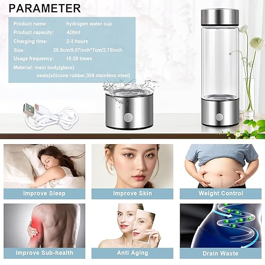 Hydrogen Water Bottle, 1200Pbb Portable Hydrogen Water Ionizer Machine, Hydrogen Water Generator, Hydrogen Rich Water Glass Health Cup Water Ionizer Machine for Office, Travel, Daily Drinking Black