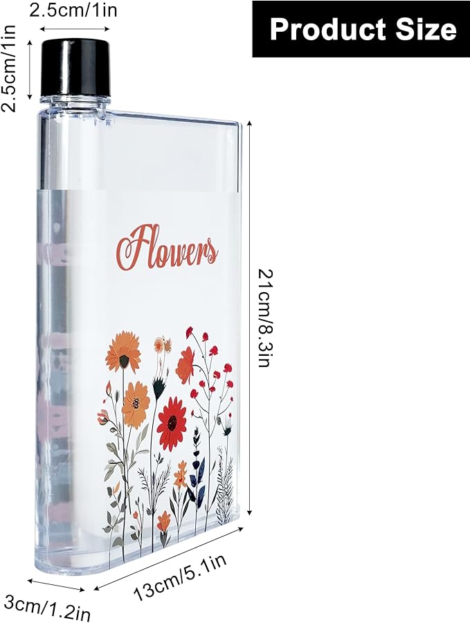 Flat Water Bottle 420ml,Plastic Portable Flat Water Bottle for Purse,Square Water Bottle Flat for Sports Gym Fitness Outdoor,Flower