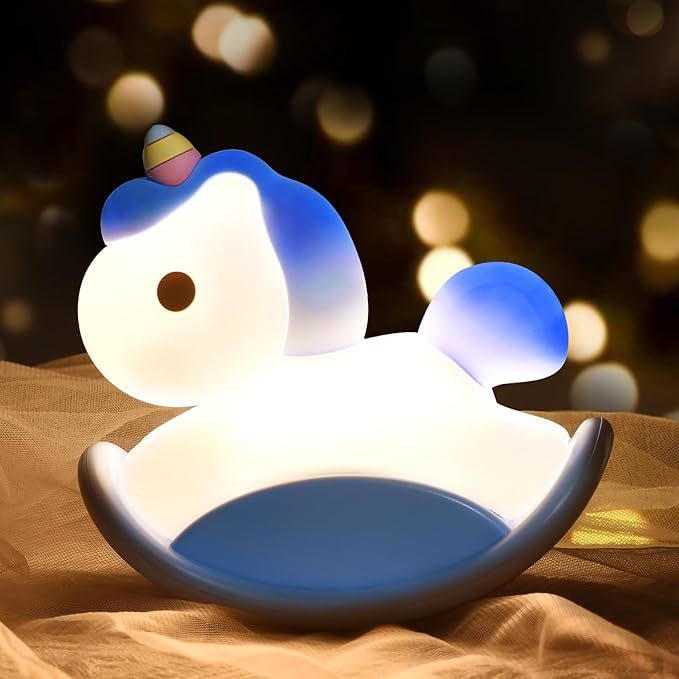 Unicorn Night Lights for Kids Bedroom, LED Squishy Unicorn Lamp with Wobbling Amusement, Silicone Dimmable Nursery Nightlight, Rechargeable Bedside Touch Lamp with 30min Timer, Blue