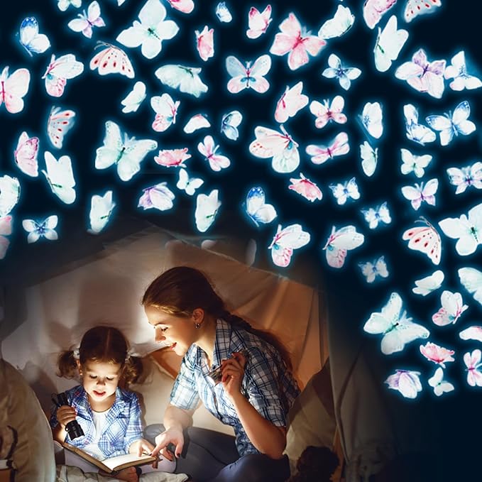 NICENEEDED 3 Sheets Glow in The Dark Butterfly Wall Decal, Glowing Luminous Small Butterfly Wall Stickers, Removable Self-Adhesive Ceiling Sticker Decals for Bedroom Decoration