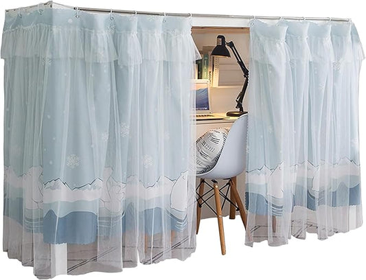 Beautiful Gauze Bunk Bed Curtains Drapes with Lace Privacy Bed Canopy for Bottom, 2 Panels, Mount Bear