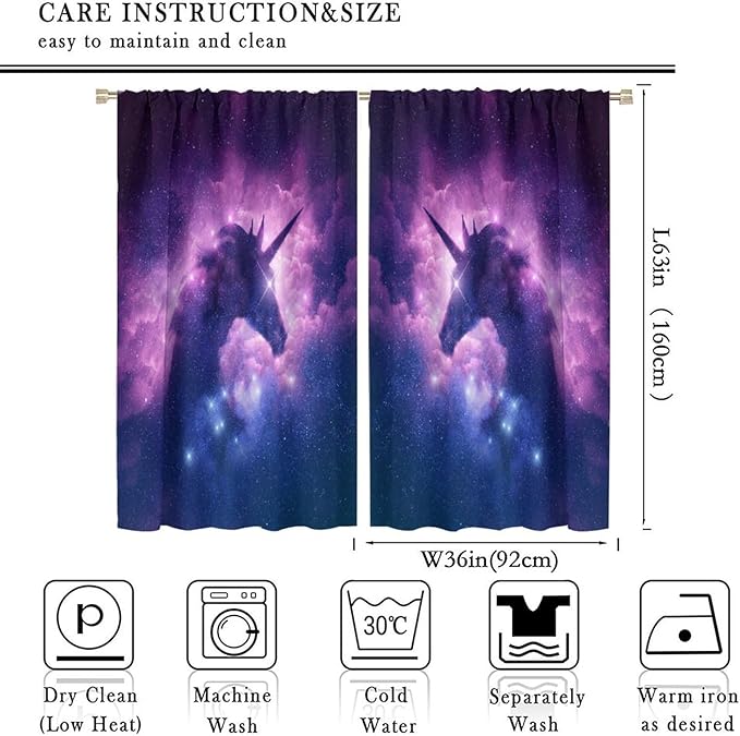 Unicorn Curtains Children's Cartoon Starry Sky Theme Unicorn Pattern Curtains Star Galaxy Boys Girls Room Blackout Curtains 72x63 Inch 2 Panels