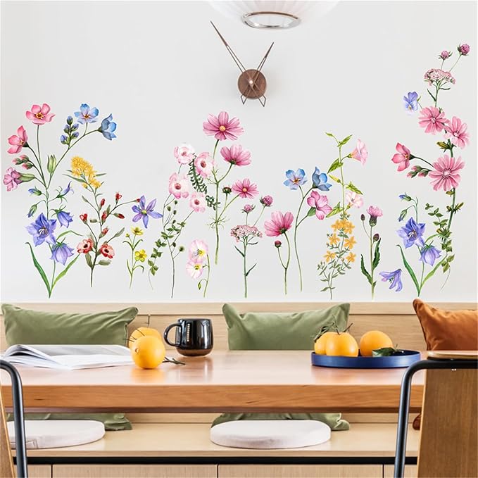 Flower Wall Decals Vinyl Colorful Vines Wall Stickers Peel and Stick Green Plants Leaves Wall Decor Removable Floral Wall Murals for Nursery Girls Bedroom Living Room Kitchen Classroom