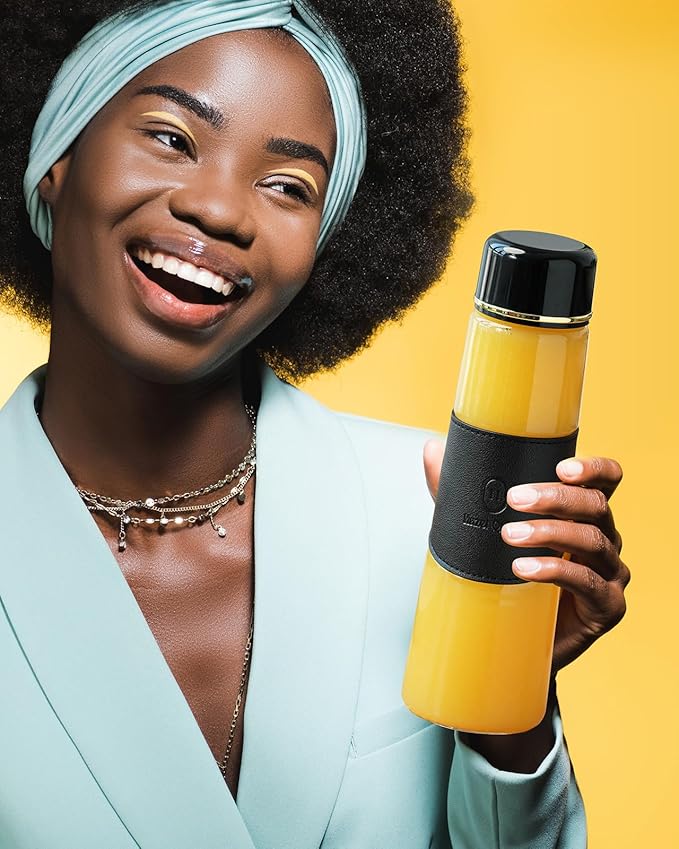 Hazel Quinn Glass Water Bottles - 450 mL / 15 oz Borosilicate Glass Juice Bottle with Leather Cup Sleeve, Reusable BPA Free