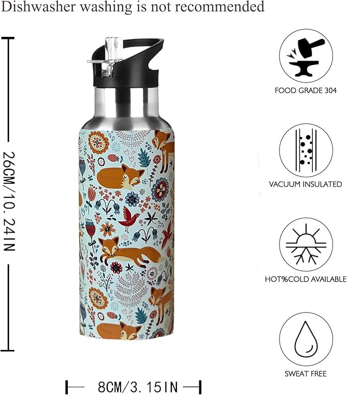 Cute Fox Animal Sport Water Bottle with Straw, Vacuum Insulated Stainless Steel Thermal Drinking Travel Mug Cups For Gym Fitness Camping-20oz/600ml, Orange